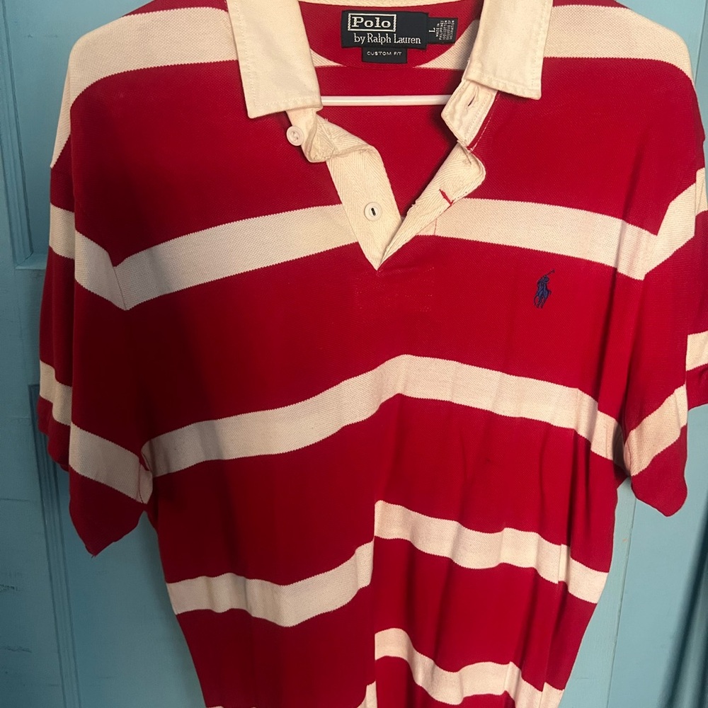 Polo by Ralph Lauren Men's Red and Cream Striped Polo